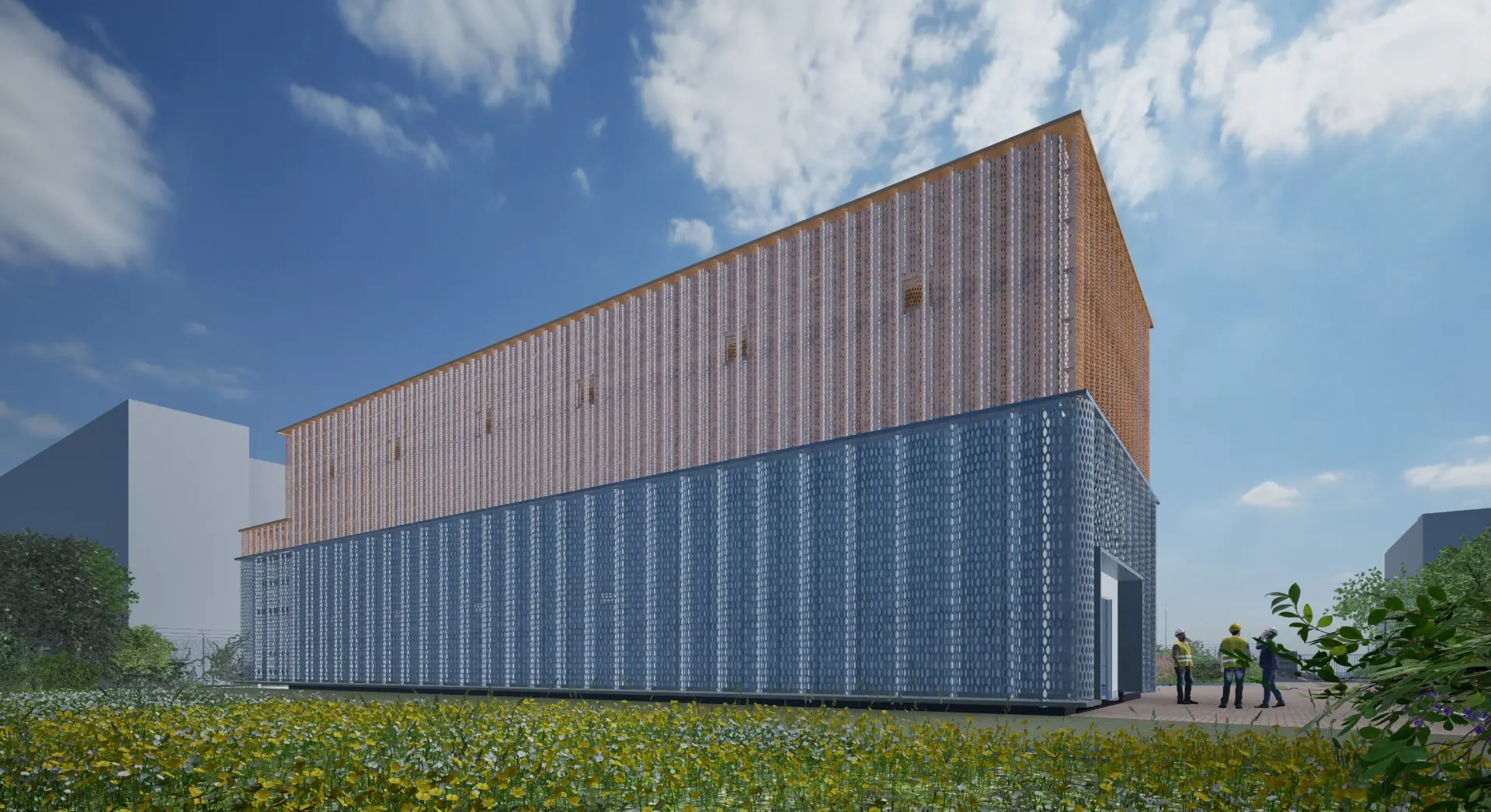 Modern industrial building with a perforated metal facade viewed from the northwest under a blue sky.