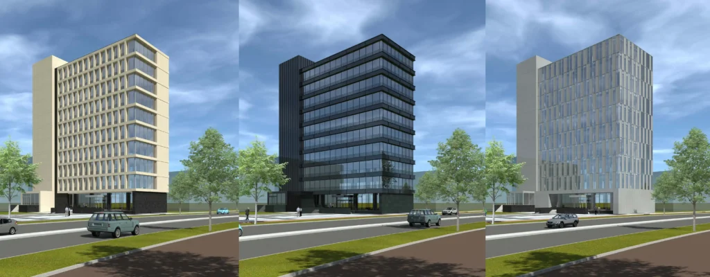 Three different architectural renderings of modern office buildings under a clear blue sky.