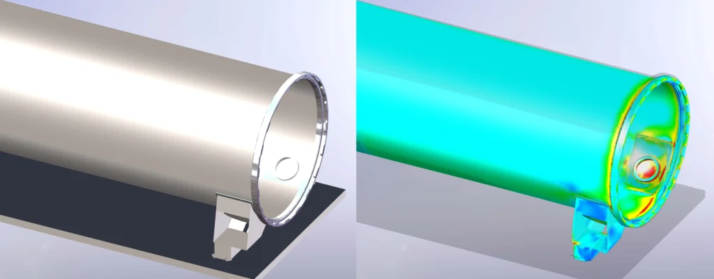 Comparison of a metallic cylindrical structure with a thermal or stress analysis simulation on the right side.