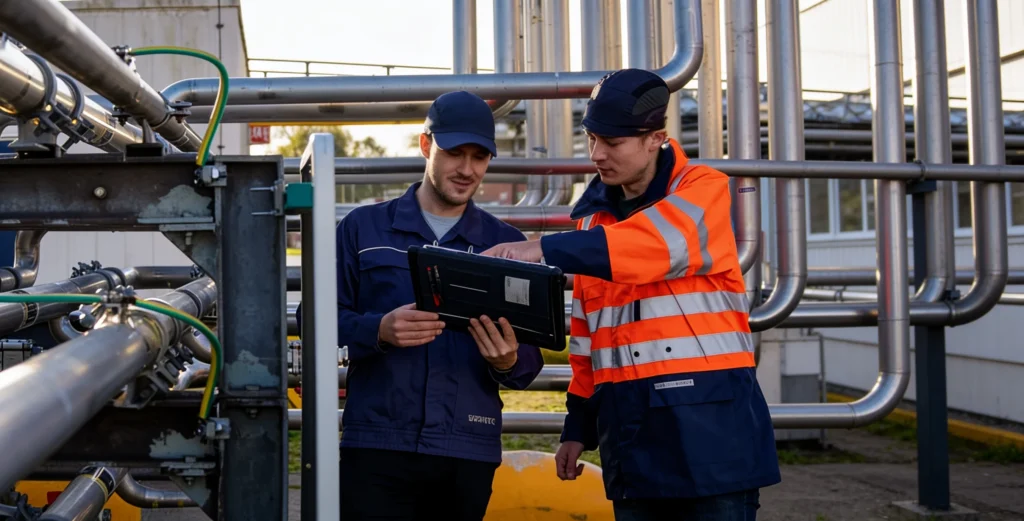 Two men in work clothes are looking at plans on a tablet next to an industrial installation.