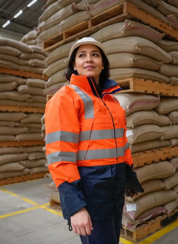 A woman wearing a work jacket and hard hat stands in a warehouse with stacked sacks.