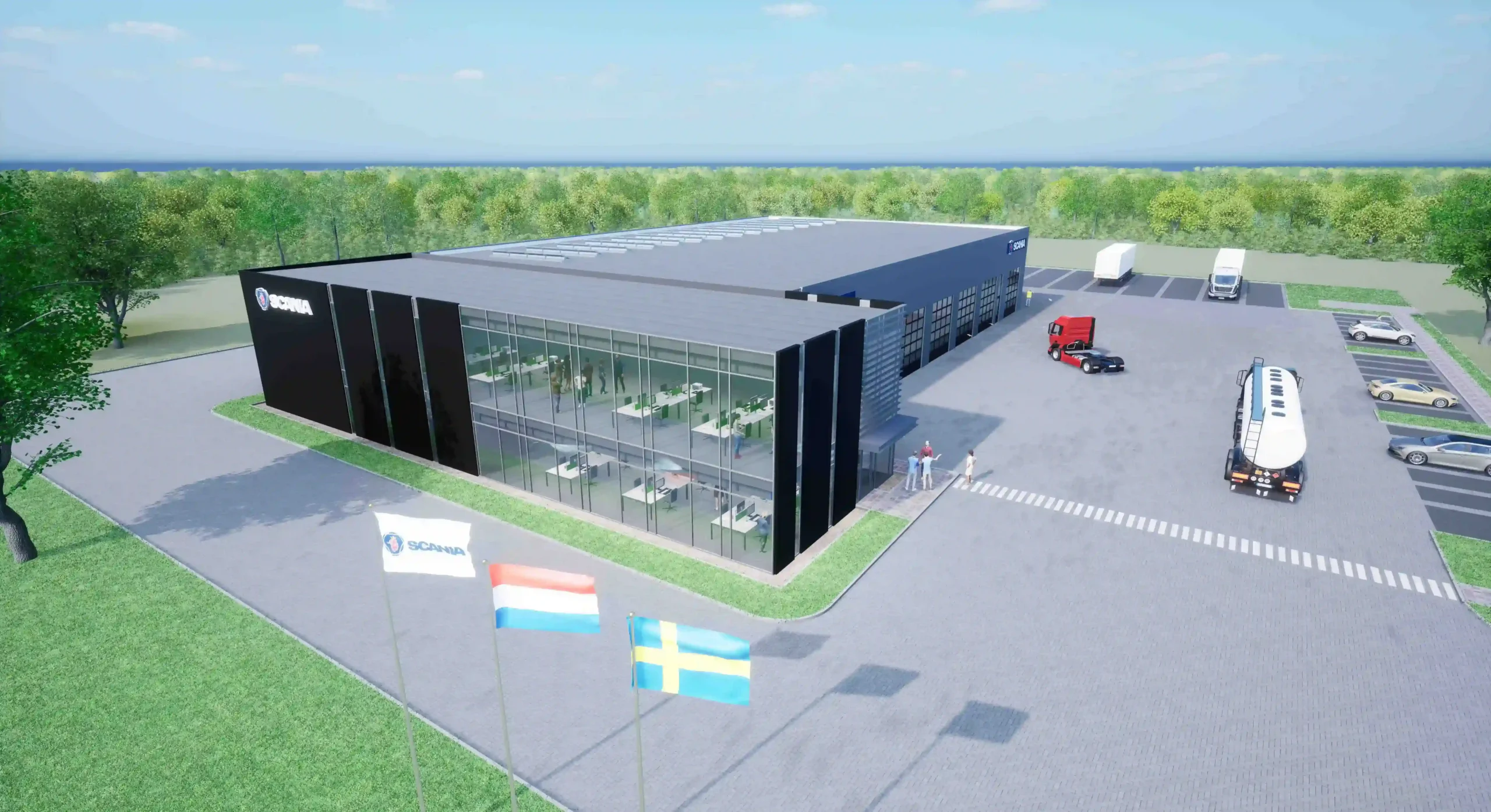 Aerial view of the Scania building with vehicles parked outside and flags displayed in front.