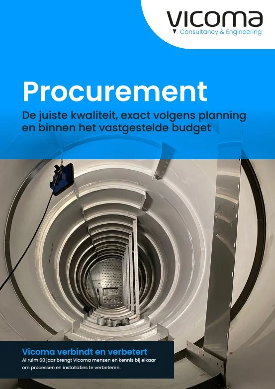 A view inside a metal industrial structure with text about procurement and Vicoma Consultancy & Engineering.