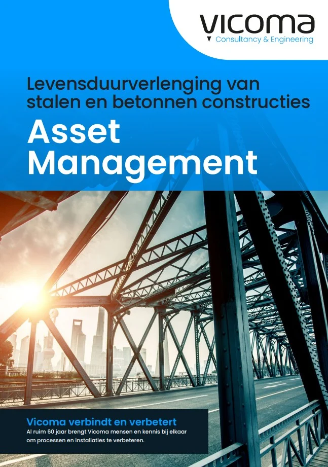 Cover displaying a steel bridge under a blue sky, highlighting "Asset Management" services by Vicoma Consultancy & Engineering.