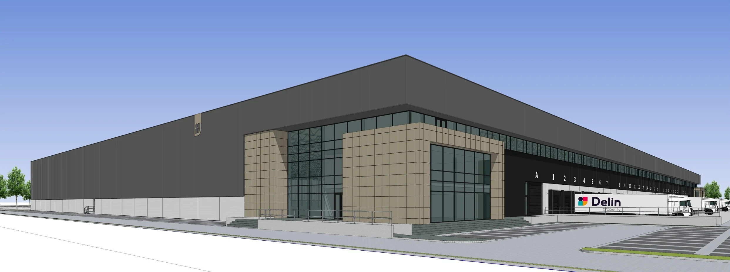 Exterior view of a modern warehouse designed by Gilze Property and NL Architecten for Delin.